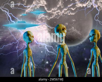 Aliens und Raumfahrzeuge. 3D Rendern Stockfoto