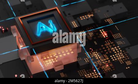 3D Abbildung: Fortschrittlicher mobiler Mikroprozessor, der eine Verbindung mit einem Mainboard herstellt und das gesamte System aktiviert. AI-Buchstaben auf Chip leuchten. Energieimpuls Ex Stockfoto