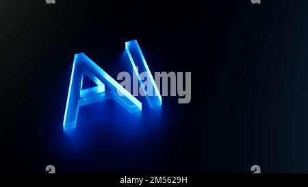 Künstliche Intelligenz, leuchtendes blaues 3D Ai-Glas auf schwarzem Hintergrund. 3D-Rendering Stockfoto