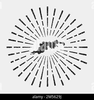 Alte Karte von Tortola. Grunge-Sonnenaufgang rund um die Insel. Schwarze Tortola-Form mit Sonnenstrahlen auf weißem Hintergrund. Vektordarstellung. Stock Vektor