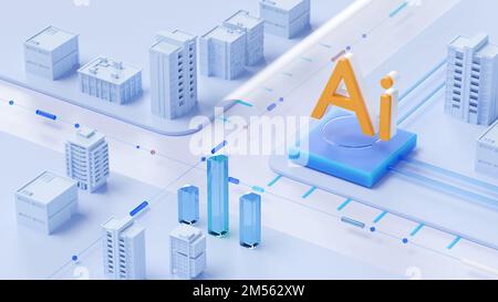 Digitale Smart City und abstrakte Kristallglasverbindung, Big-Data-Connection-Technologie-Konzept. 3D-Rendering Stockfoto