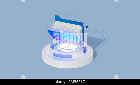3D blauer digitaler Ordner, digitaler Dateiorganisationsdienst oder App mit Datenübertragung. 3D-Rendering. Stockfoto