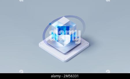Abstraktes 3D-Rendering geometrischer Formen. Komposition mit Quadraten. Würfeldesign. Moderner Hintergrund für Poster, Cover, Branding, Banner, Plakate. Stockfoto