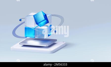 3D Blue Cube abstrakte Technologieinnovation zukünftiger digitaler Hintergrund. 3D-Rendering. Stockfoto