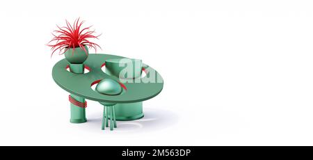 Modell eines modernen Podiums für Produkte auf weißem Hintergrund. Rote Pflanze in Vase mit geometrischen Formen 3D-Rendering Stockfoto