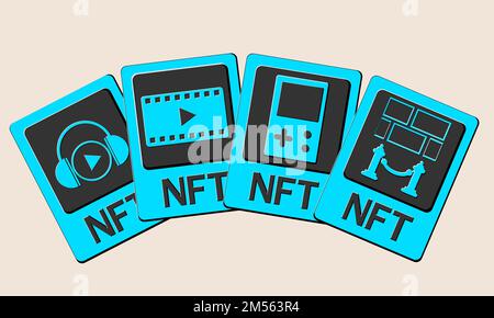 3D NFT-Tokenkarten in der Kryptografie. NFT-Karten mit Spiel, Musik, Video und Kunst. Ein nicht fungierbares Token mit Informationen aus der Blockkette. ERC20 Stock Vektor