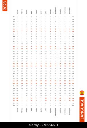 Spanischer einzeiliger vertikaler Kalender 2023, montag erster Tag der Woche. Vektorkalender in spanischer Sprache. Stock Vektor