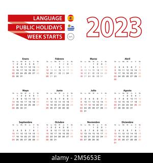 Kalender 2023 in spanischer Sprache mit Feiertagen das Land Uruguay im Jahr 2023. Woche beginnt am Sonntag. Vektordarstellung. Stock Vektor