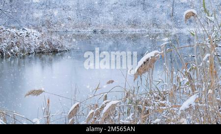 Ein Schneeschild, gebogen an der gefrorenen Seeküste, über der gefrorenen Seenoberfläche im Winter, an einem verschneiten Tag Stockfoto