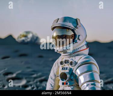 Abbildung eines Astronauten, der auf der Oberfläche des Mondes steht, mit einem Erdaufgang hinter ihm. Stockfoto