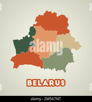 Weißrussland-Poster im Retro-Stil. Karte des Landes mit Regionen in der Farbpalette für den Herbst. Form von Belarus mit Ländername. Erstaunlicher Vektorillustr Stock Vektor