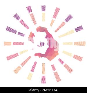 Santorin Sonnenaufgang. Niedrige poly-gestreifte Rochen und Karte der Insel. Kreative Vektordarstellung. Stock Vektor