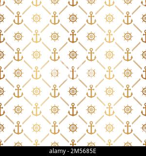 Nahtloses Ankermuster. Textur für sich wiederholende Anker. Symbol Boot oder Schiff auf goldenem Hintergrund. Wiederholte nautische Designs. Wiederholen Sie die Meereskulisse Stock Vektor