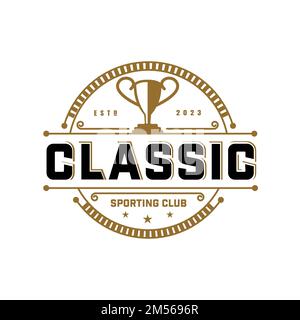 Retro Champion Trophy Cup Retro Sport Design-Inspiration. Einfarbiges Retro-Label, Aufkleber, Aufnäher mit Silhouette der Fußballtrophäe. Stock Vektor