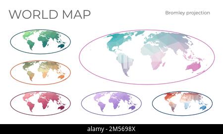 Niedrige Poly-Welt-Karte Eingestellt. Bromley-Projektion. Sammlung der Weltkarten im geometrischen Stil. Vektordarstellung. Stock Vektor