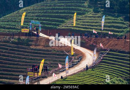 Männer des Hmong-Bergstammes fahren Formula hmong (der hölzerne Wagen, der die Lebensart der Ureinwohner im Norden Thailands in Gang setzt). Während der Neujahrsfeier von Hmong. Im Dezember oder Januar feiern die Hmong ihr neues Jahr mit dem Namen noj PEB Caug (ausgesprochen noch PE Chao). Eine größere öffentliche Feier findet an einem Veranstaltungsort im Freien statt. Es gibt viele Aktivitäten während dieser Veranstaltung, wie z. B. Spinning-Spiele, Arrow Shooting-Wettbewerbe, Singen und Tanzen und Werbespots. Junge Männer und Frauen tragen farbenfrohe Interpretationen traditioneller Kleidung, in der Hoffnung, einen Lebenspartner zu gewinnen. Besucher A Stockfoto