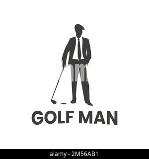 Silhouette eines Mannes, der im Business-Anzug lässig Golfschläger hält. Golf-Logo-Vorlage Design Vektorsymbol Illustration Stock Vektor