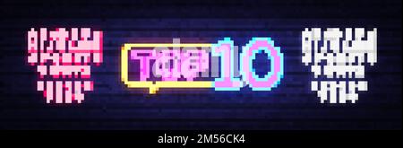 Top 10 Neon Text Vector (Oberer Neontext-Vektor) Top-Ten-Neonschild, Designvorlage, modernes Trenddesign, Night-Neon-Schild, Night-Bright-Werbung, Lichtbanner, Licht Stock Vektor