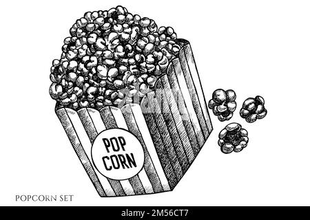 Carnival Food Vintage Vector Illustrations Kollektion. Schwarz-weißes Popcorn. Stock Vektor