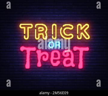 Design-Vorlage für Neon-Textvektoren für „Trick or Treat“. Neon-Logo, helles Banner-Designelement farbenfroher moderner Designtrend, Nachtlicht Stock Vektor