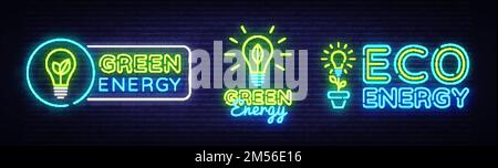Big Collection – Neonschilder. Green Energy Neon Logos Vector. Green Energy Neon Text, Designvorlage, modernes Trenddesign, Night Neon Schild, Night B Stock Vektor