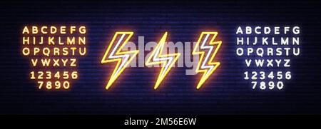 Der Blitz hat Neonschilder angebracht. Vektordesignvorlage. Hochspannungs-Neonsymbol, helles Banner Designelement farbenfroher moderner Designtrend, helles Schild Stock Vektor