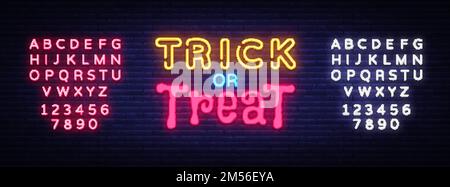 Design-Vorlage für Neon-Textvektoren für „Trick or Treat“. Neon-Logo, helles Banner-Designelement farbenfroher moderner Designtrend, Nachtwerbung Stock Vektor