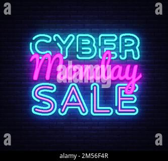 Cyber Monday Vector, Darstellung des Rabattangebots im Neonstil, Online-Shopping- und Marketingkonzept, Illustration. Leuchtendes Neonschild, b Stock Vektor