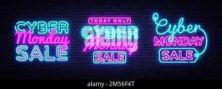 Große Neonschilder für Cyber Monday. Neon-Banner-Vektor. Cyber Monday Neonschild, Designvorlage, modernes Trenddesign, Nachtlicht-Schild, NI Stock Vektor