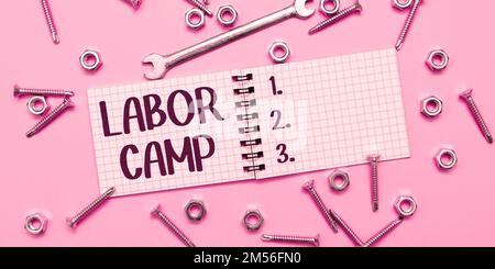 Schreiben mit Text Labor Camp. Begriff einer Strafkolonie, in der Zwangsarbeit geleistet wird Stockfoto