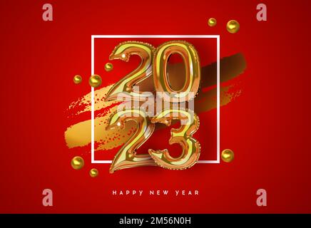 Frohe Neujahrskarte 2023, goldene 3D Kalendernummer mit Glitzer und goldener Dekoration. Luxuriöses Schriftzeichen für Feiertagsfeiern Stock Vektor
