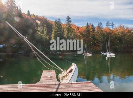 Gekentertes Segelboot auf dem Bohinjsee. Herbstlandschaft in Slowenien Stockfoto