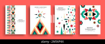Merry Christmas Happy New Year – Grußkarte mit abstraktem geometrischem Gruß. Kollektion von Winterelementen Dekoration, grundlegende Formen Komposition Design in der Vergangenheit Stock Vektor