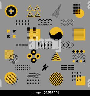 Set geometrischer Formen. Retro-Designelemente, Vintage, Werbung und Werbebanner, Poster. Geometrische Formen in gelb-schwarzer Farbe Stock Vektor