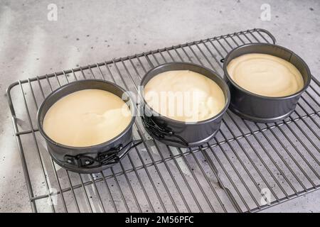 Kleines Käsekuchen-Rezept. Drei kleine Käsekuchen-Pfannen gefüllt mit Teig Nahaufnahme auf dem Küchentisch Stockfoto