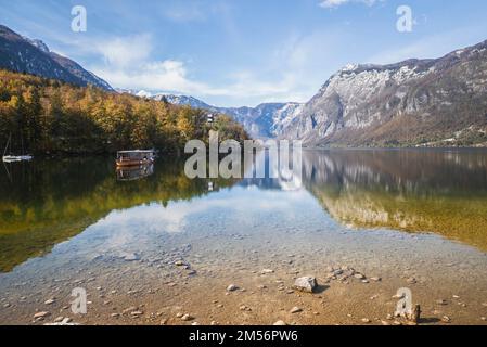 Malerischer See Bohinj und Alpen. Triglav Nationalpark in Slowenien Stockfoto