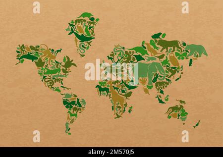 Grüne Tier Symbol Formen Set Illustration auf recyceltem Papier Textur. Diverse wilde Tiere Silhouette machen Weltkarte Form für umweltfreundliche Erde con Stock Vektor