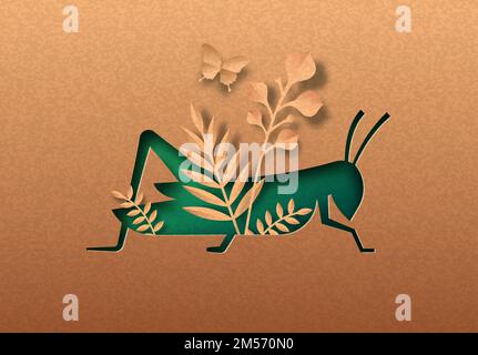 Grüne Heuschrecke isoliert papercut Silhouette mit tropischen Pflanzenblatt innen. Insektenausschnitt aus recyceltem Papier. Naturschutz oder natürlich Stock Vektor