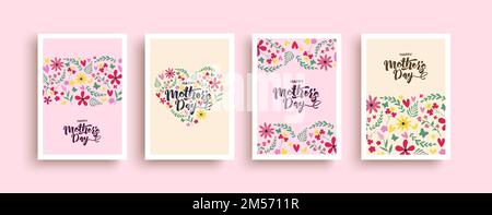 Happy Muttertag Feiertag Ereignis Grußkarte Illustration Set. Niedliche handgezeichnete Blumenstrauß in Herzform für Mama Geschenk oder Feier Einladung. Stock Vektor