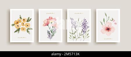 Schöne Aquarell Blume Blumenstrauß Illustration Sammlung mit französisch Sprache Text Zitat. Natur Kunst Set für Frühjahr Saison Konzept, Hochzeit invitat Stock Vektor