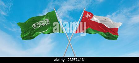 Zwei überkreuzte Flaggen, Oman und Saudi-Arabien, winkend im Wind am bewölkten Himmel. Beziehungskonzept, Dialog, Reisen zwischen zwei Ländern. 3D Illustration Stockfoto