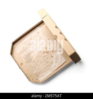 Leere fettige Pizza-Box auf weißem Hintergrund Stockfoto