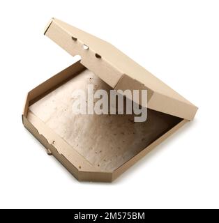 Leere fettige Pizza-Box auf weißem Hintergrund Stockfoto