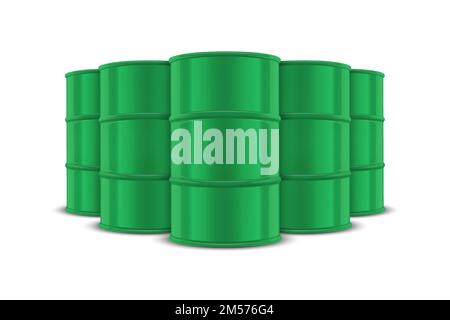 Vector 3D Realistic Five Green Barrel, Hazard Liquid. Achtung, Radioaktive Stoffe, Gefährliche Chemische Stoffe, Giftige Verschmutzung, Viele Gefährliche Fässer Stock Vektor