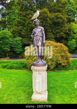 Möwe auf dem Kopf einer Skulptur der Frau, Jardims de Palacio do Cristal Park, grüner alter botanischer Garten, Porto, Portugal Stockfoto