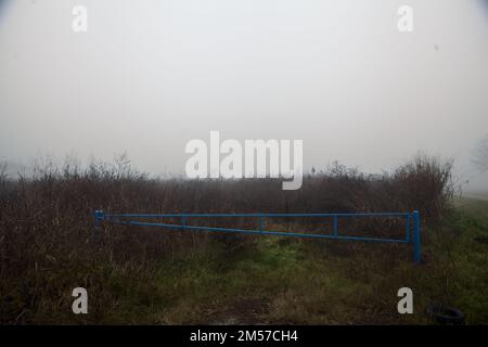 Unkultiviertes Feld mit blauem Balken an einem nebligen Tag im Winter Stockfoto