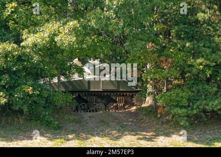 Ein alter M4A3 Sherman Tank bietet Fahrgeschäfte für Fans während einer Nachstellung des Krieges im American Heritage Museum. Hudson, Massachusetts. Stockfoto