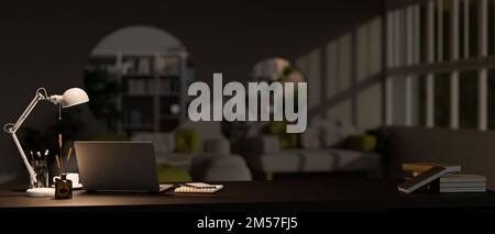Modernes Home Office in der Nacht mit Laptop, Licht von Tischleuchte und Zubehör auf dem Tisch im Wohnzimmer. 3D-Rendering, 3D-Abbildung Stockfoto