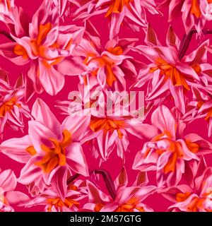 Nahtloses Muster Viva Magenta. Aquarell-Darstellung roter Wildblumen. Trendige Farbe 2023. Realistisches Digitalpapier Stockfoto