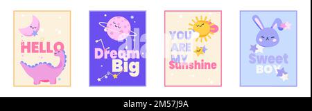 Süßes Set mit bunten Bo-Clipart-Kinderkrippen-Postern. Cartoon-Vektorbild einer Baby-Duschkarte oder Schlafzimmerdekoration mit süßen Dinosaurier-, Sonne-, Mond-, Stern- und Planetenfiguren in Pastelltönen Stock Vektor